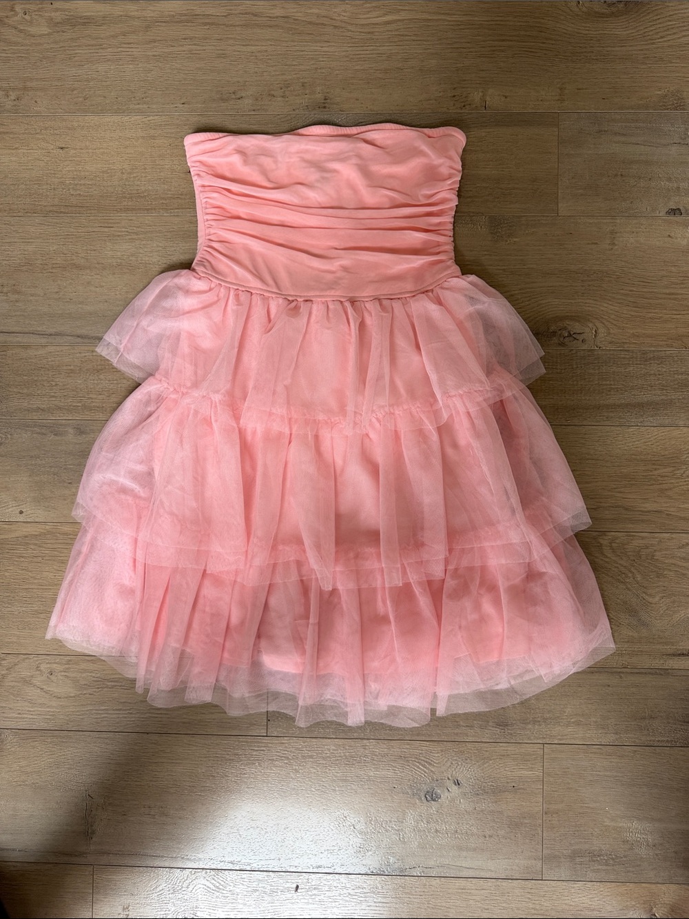 Strapless Pink Tiered Tulle Mini Dress
